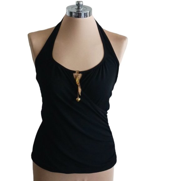 Bisou Bisou Black Top Open Back Front Charms Accent Sz.M - Picture 1 of 9